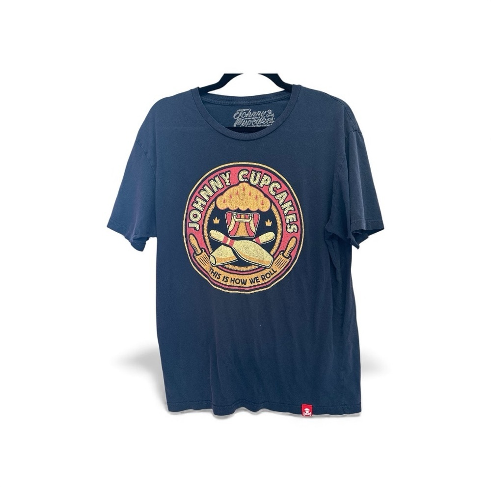 Johnny Cupcakes Navy Tee with Bowling Graphic Large